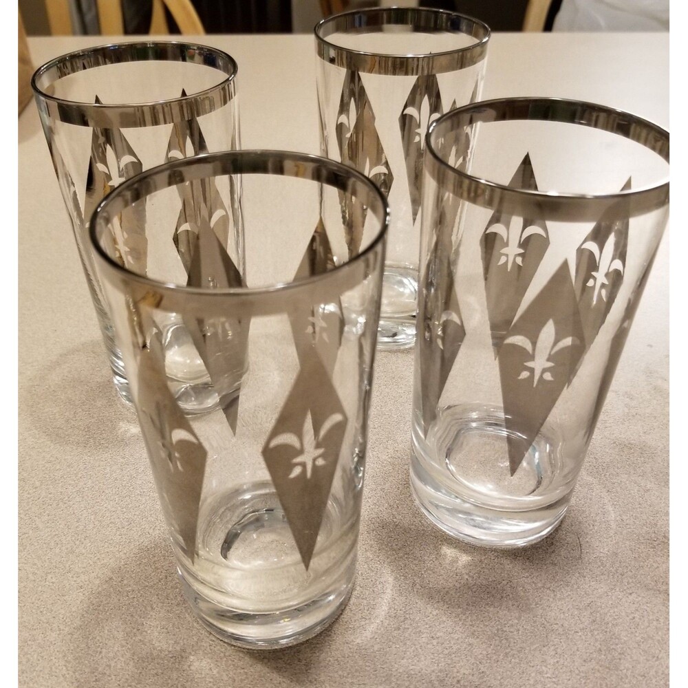 Vintage mcm bar glasses 12oz tumblers w/ silver chrome diamonds & fleur de lis